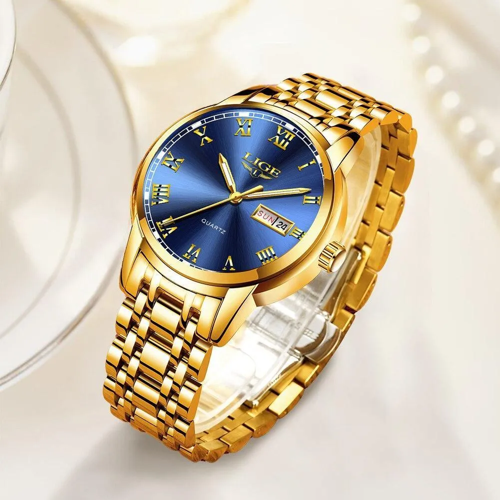 Great Gifts for Men - Top Brand Luxury Full Steel Quartz Business Gold Waterproof Wrist Watch