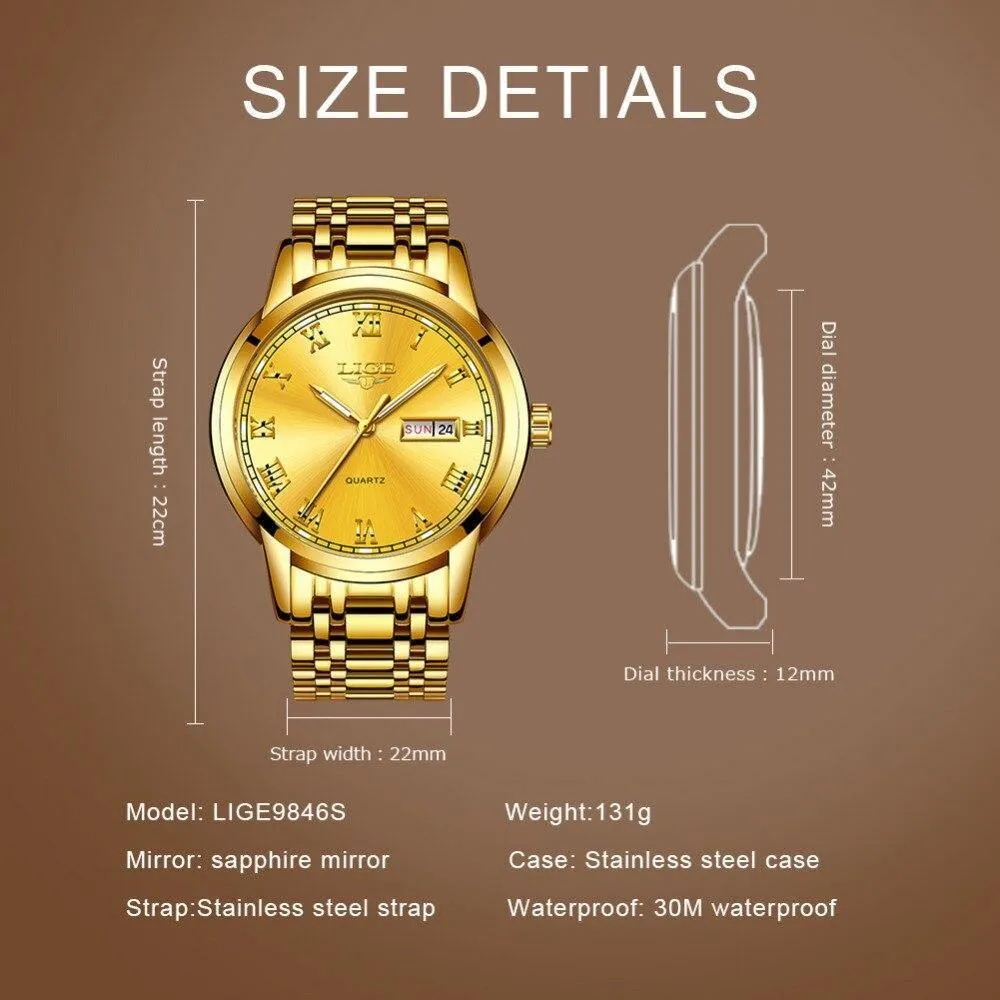 Great Gifts for Men - Top Brand Luxury Full Steel Quartz Business Gold Waterproof Wrist Watch