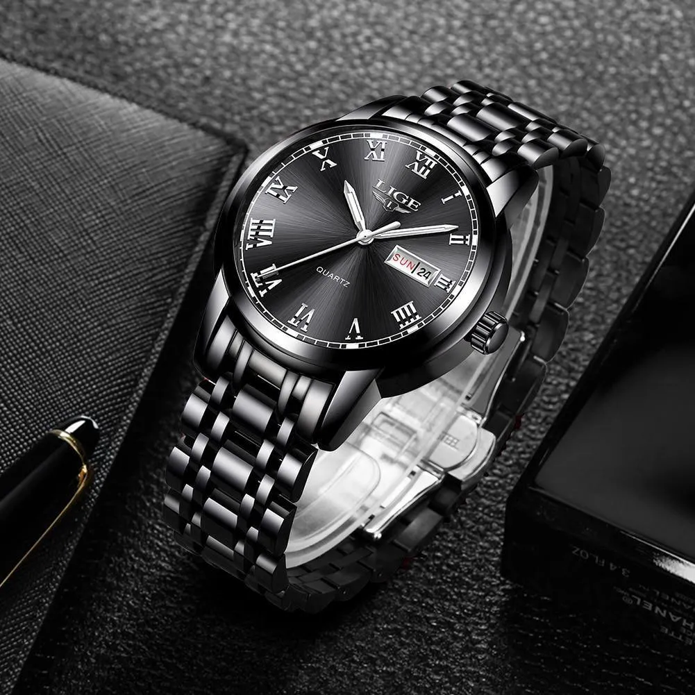 Great Gifts for Men - Top Brand Luxury Full Steel Quartz Business Gold Waterproof Wrist Watch