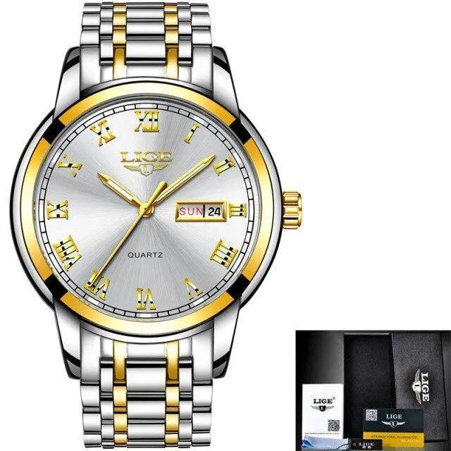 Great Gifts for Men - Top Brand Luxury Full Steel Quartz Business Gold Waterproof Wrist Watch
