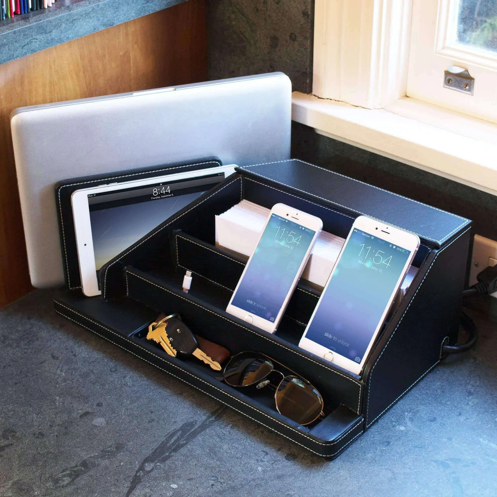 G.U.S. All-In-One Charging Station, Valet, and Desktop Organizer - Multiple Finishes Available. For Laptops, Tablets, Phone and Wearable Technology - Black Leatherette
