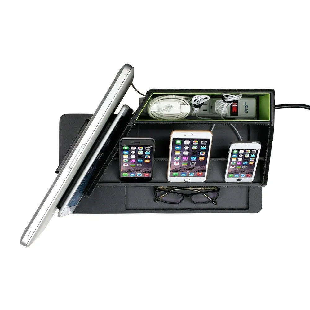 G.U.S. All-In-One Charging Station, Valet, and Desktop Organizer - Multiple Finishes Available. For Laptops, Tablets, Phone and Wearable Technology - Black Leatherette