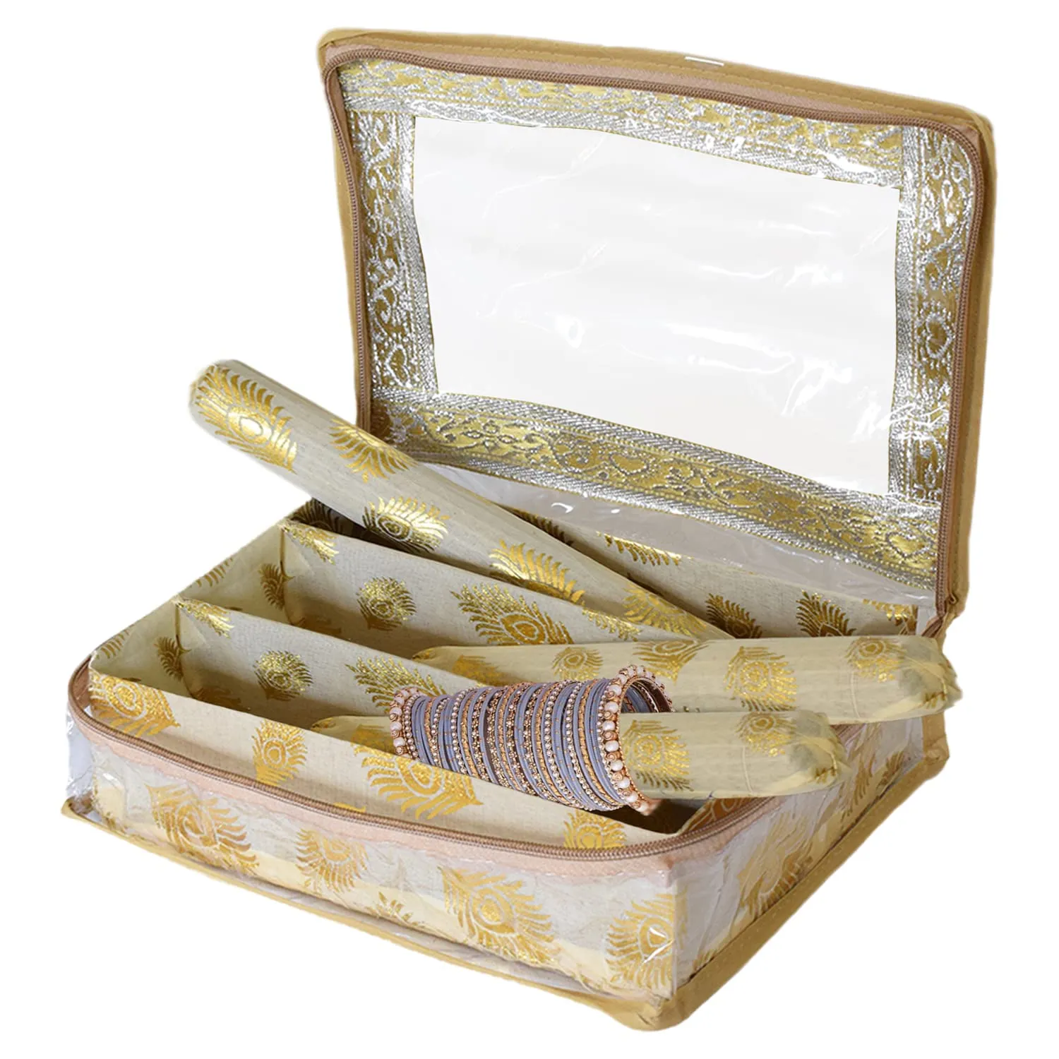 Heart Home Multipurpose Feather Design Laminated 3 Rod Bangle Box/Organizer/Case With Tranasparent Top (Gold)-47HH0177