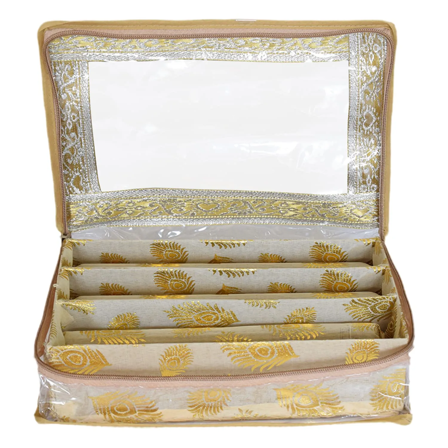 Heart Home Multipurpose Feather Design Laminated 3 Rod Bangle Box/Organizer/Case With Tranasparent Top (Gold)-47HH0177