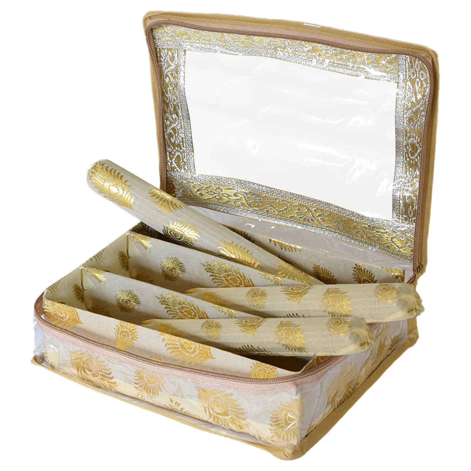 Heart Home Multipurpose Feather Design Laminated 3 Rod Bangle Box/Organizer/Case With Tranasparent Top (Gold)-47HH0177