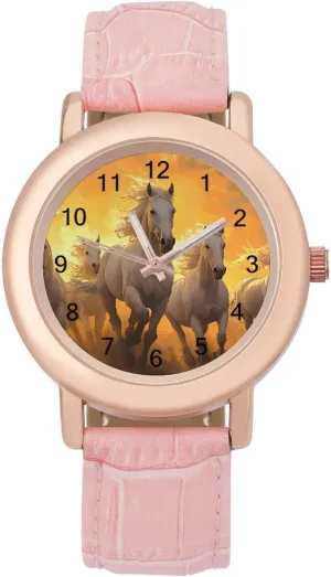 Horses Running in The Sunset Wrist Watches for Women Pink Leather Band Watch Fashion Three-Hand Watch Gift for Ladies