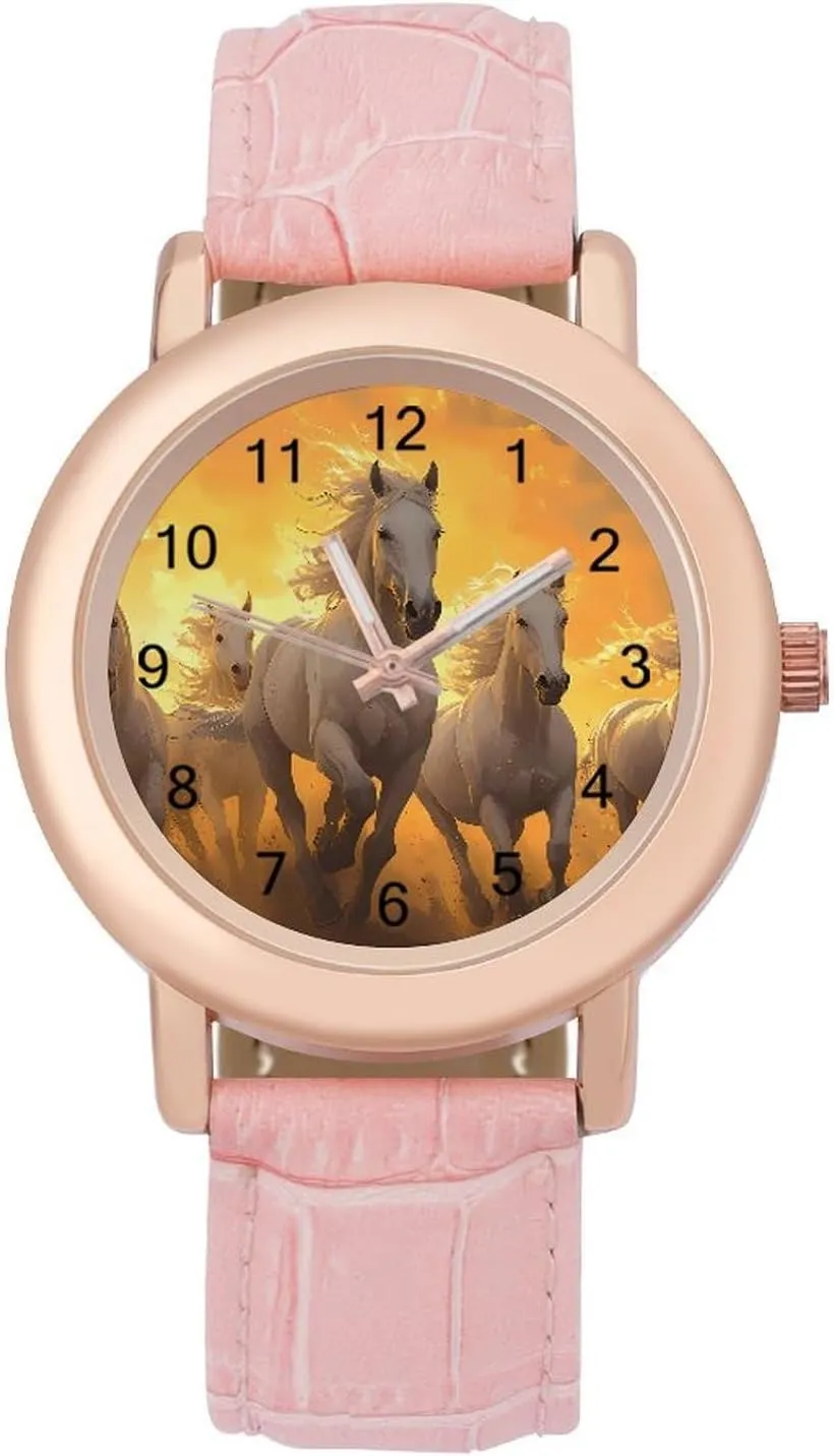 Horses Running in The Sunset Wrist Watches for Women Pink Leather Band Watch Fashion Three-Hand Watch Gift for Ladies
