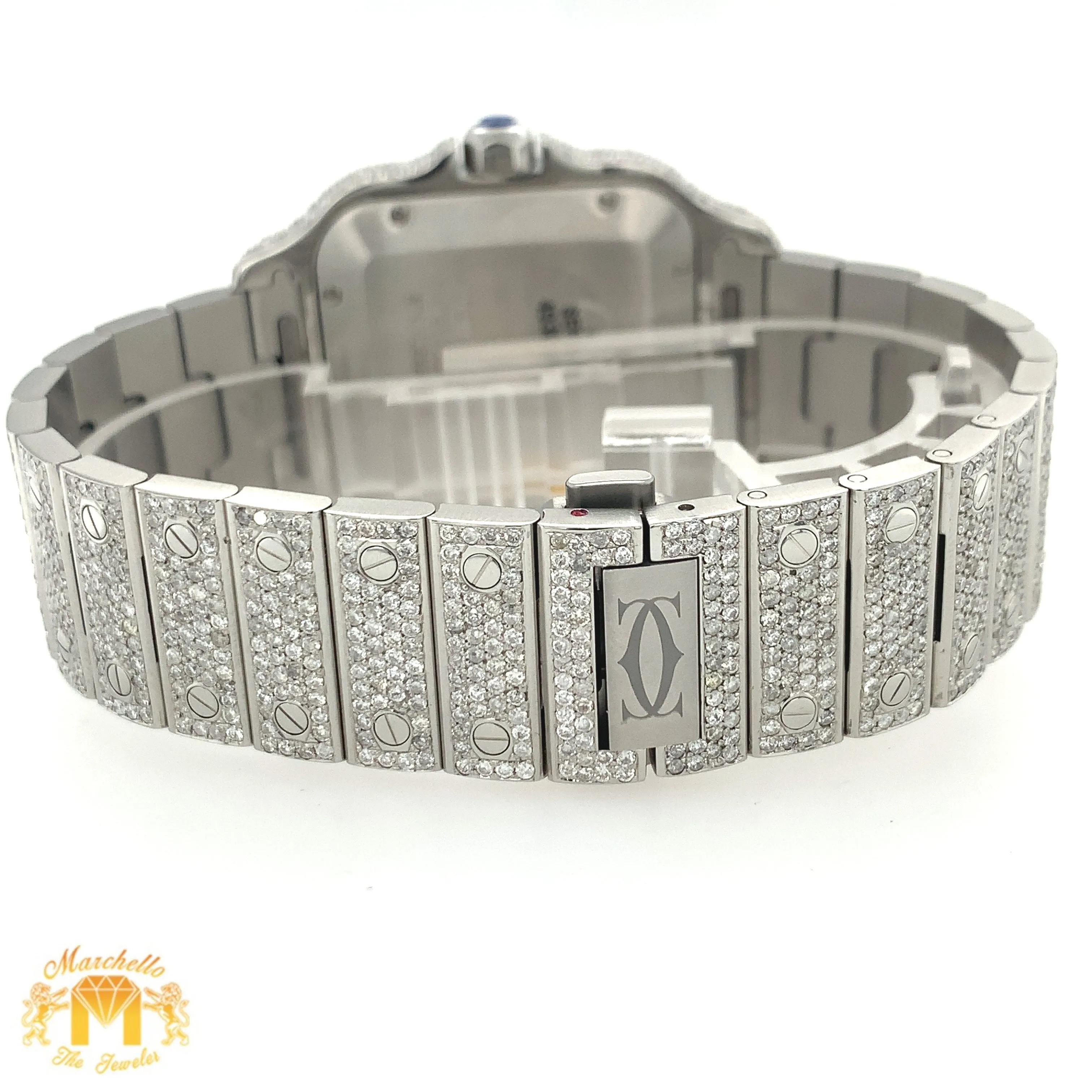 Iced Out 40mm Cartier Santos Stainless Steel Watch with 18.50ct of Diamonds (year: 2023, iced out dial, papers)