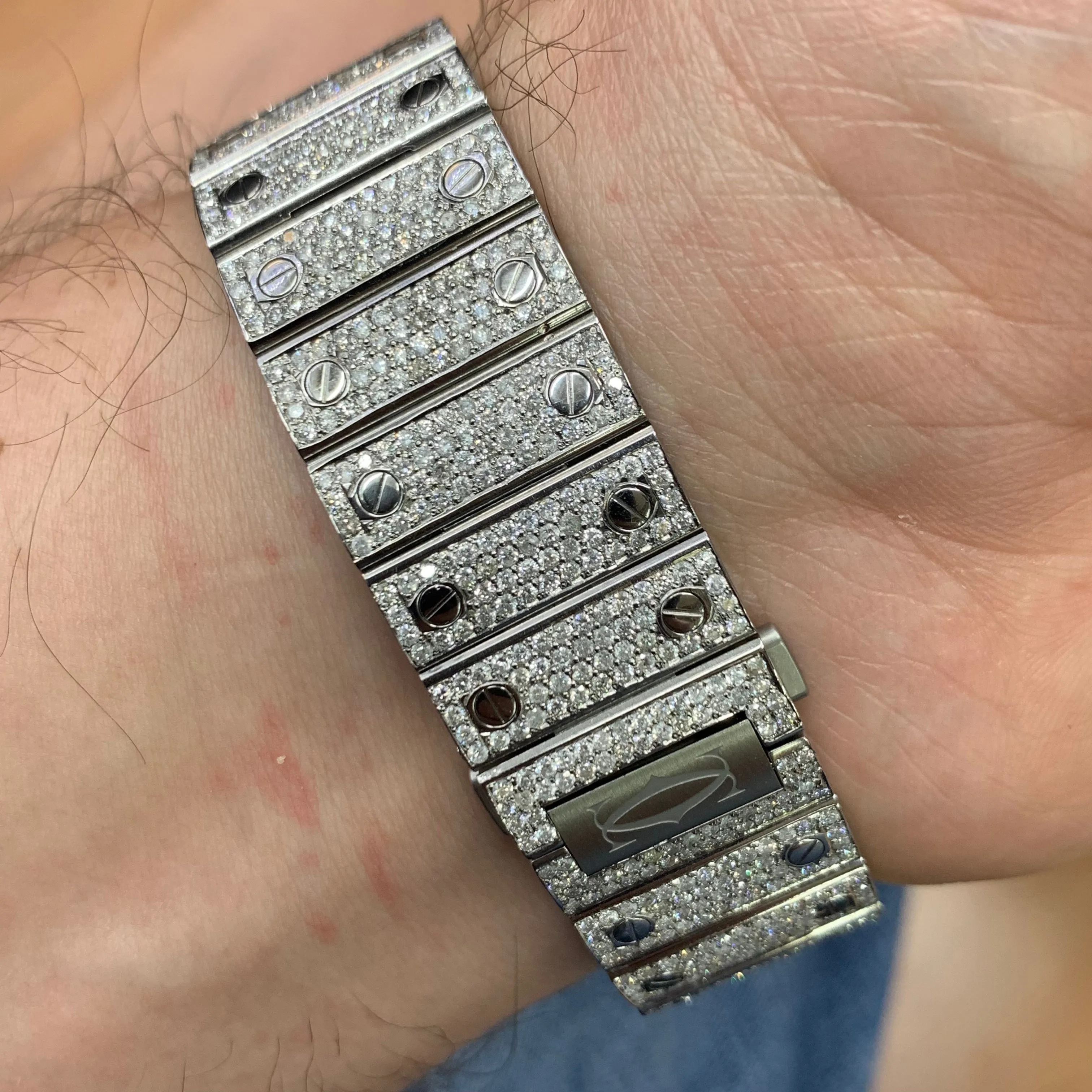 Iced Out 40mm Cartier Santos Stainless Steel Watch with 18.50ct of Diamonds (year: 2023, iced out dial, papers)