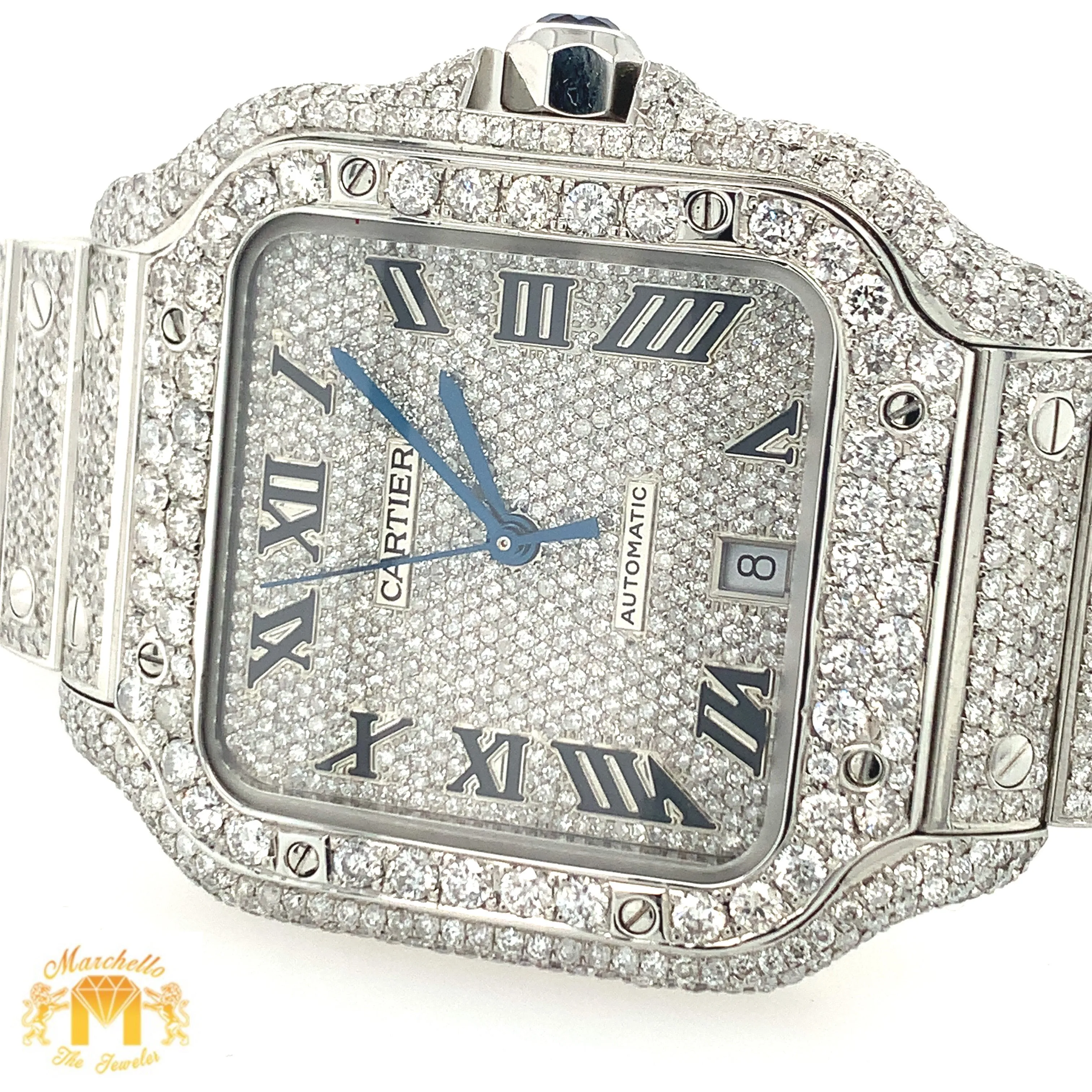 Iced Out 40mm Cartier Santos Stainless Steel Watch with 18.50ct of Diamonds (year: 2023, iced out dial, papers)