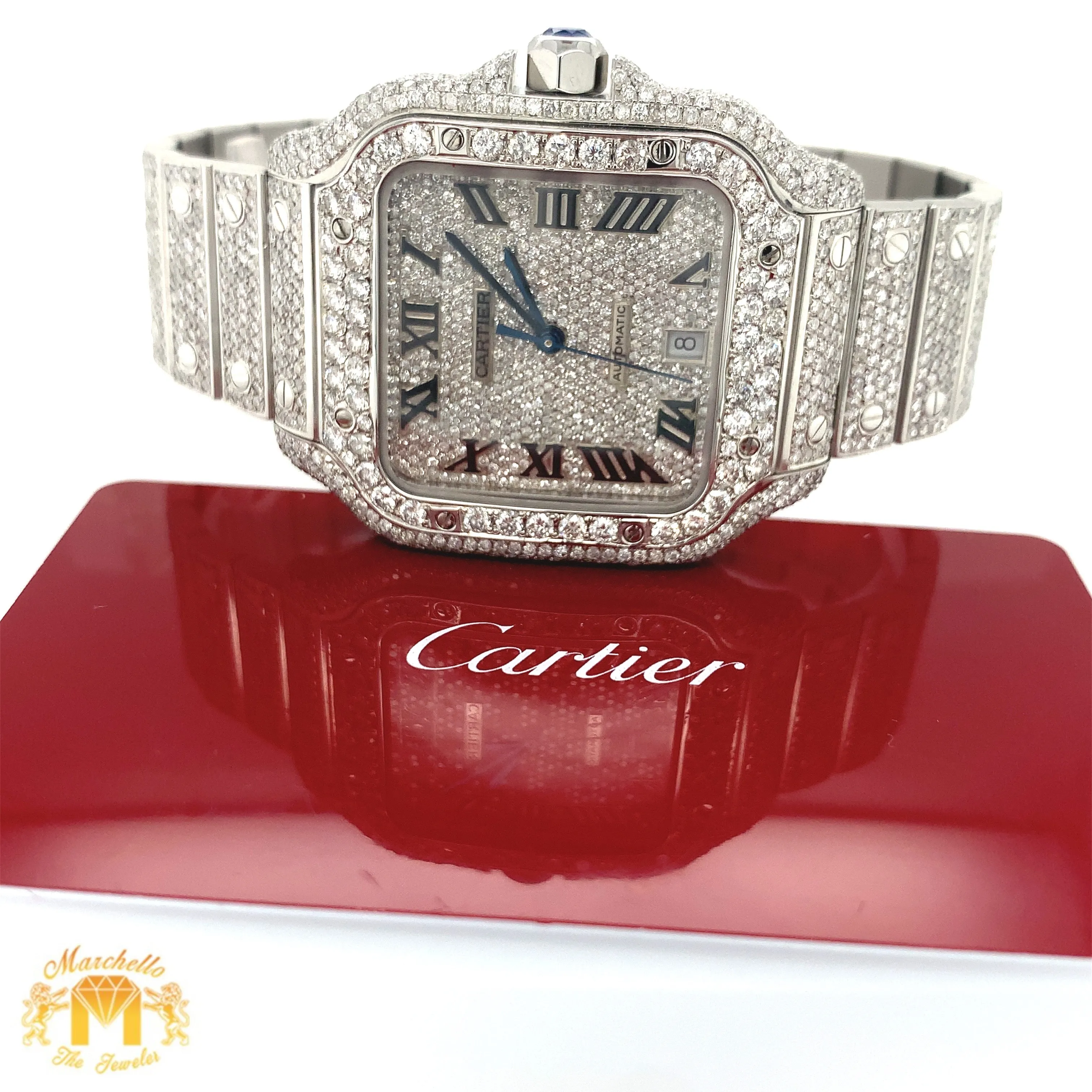 Iced Out 40mm Cartier Santos Stainless Steel Watch with 18.50ct of Diamonds (year: 2023, iced out dial, papers)