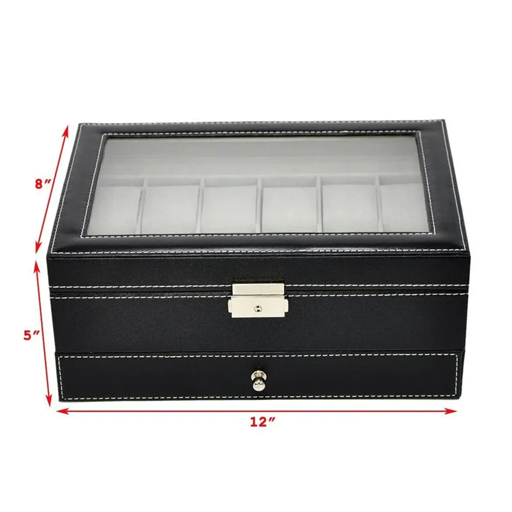 Leather 12 Watch Box with Jewelry Display Drawer Lockable Watch Case Organizer