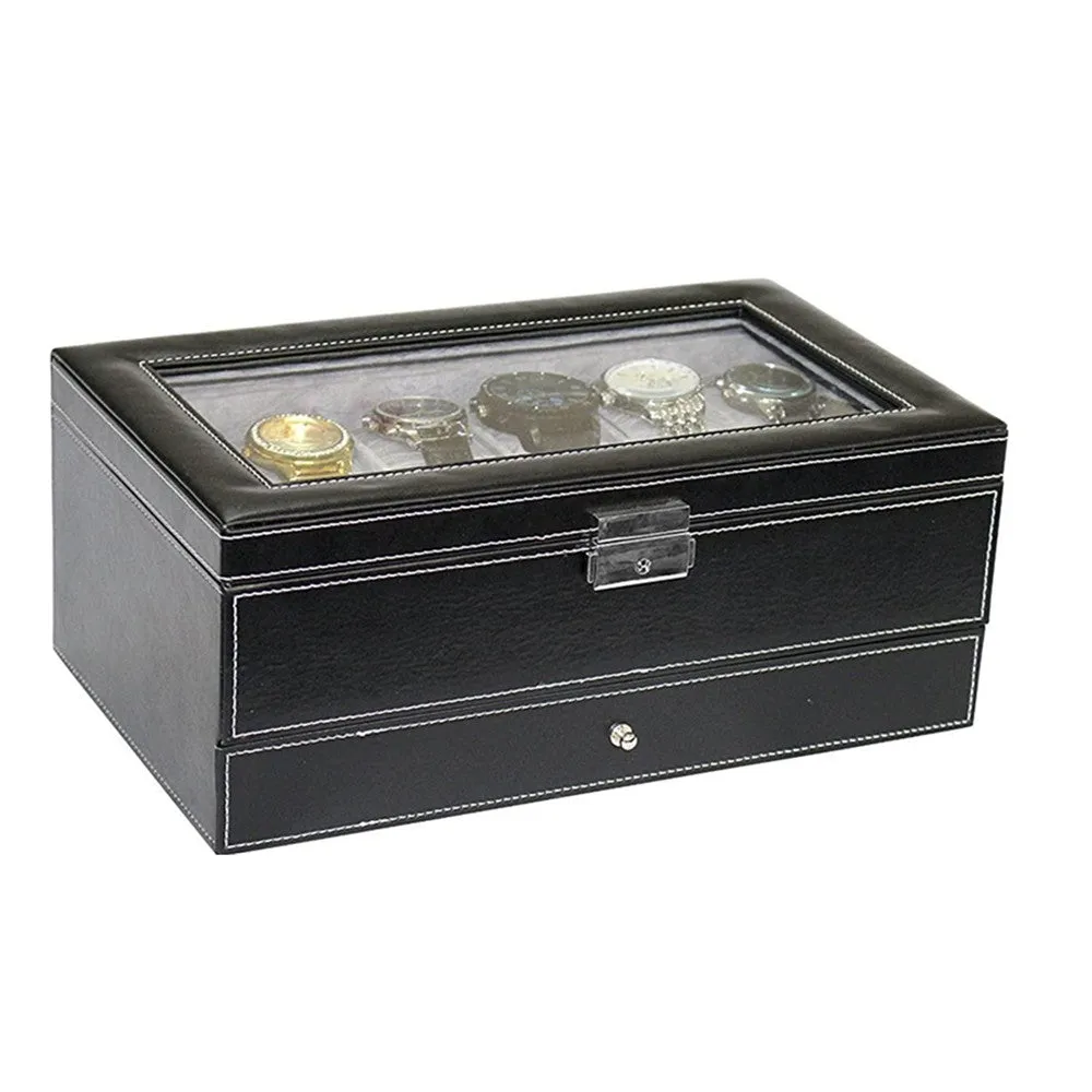 Leather 12 Watch Box with Jewelry Display Drawer Lockable Watch Case Organizer