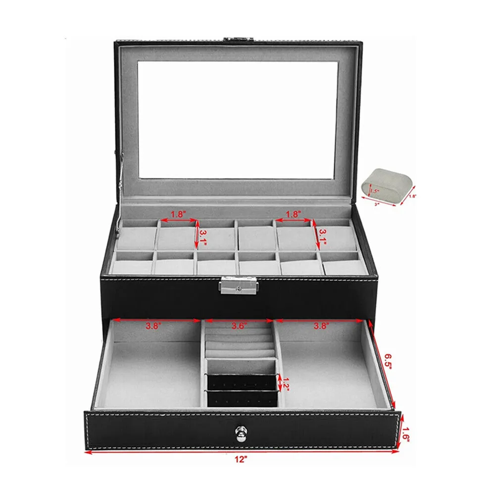 Leather 12 Watch Box with Jewelry Display Drawer Lockable Watch Case Organizer