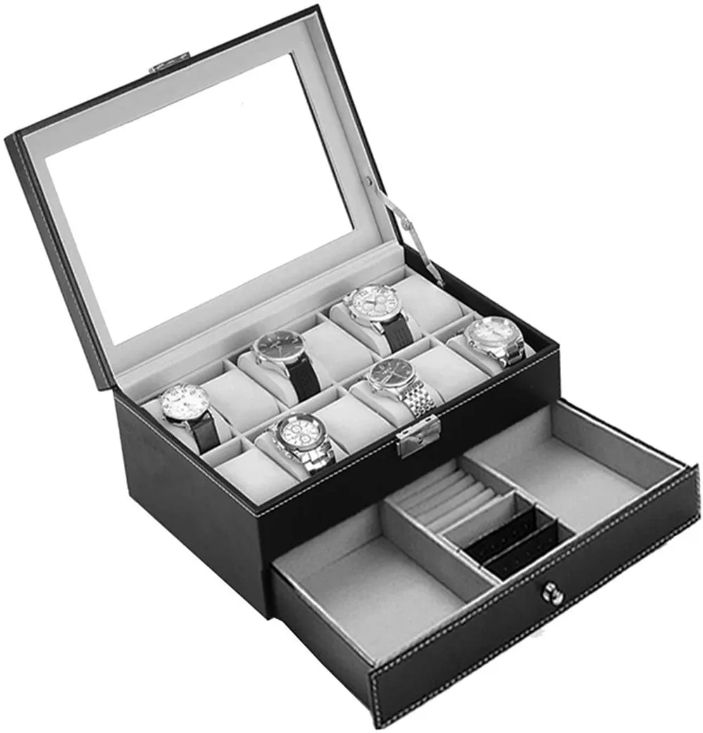 Leather 12 Watch Box with Jewelry Display Drawer Lockable Watch Case Organizer