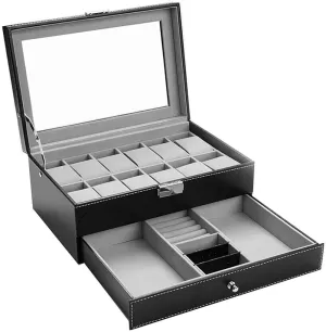 Leather 12 Watch Box with Jewelry Display Drawer Lockable Watch Case Organizer