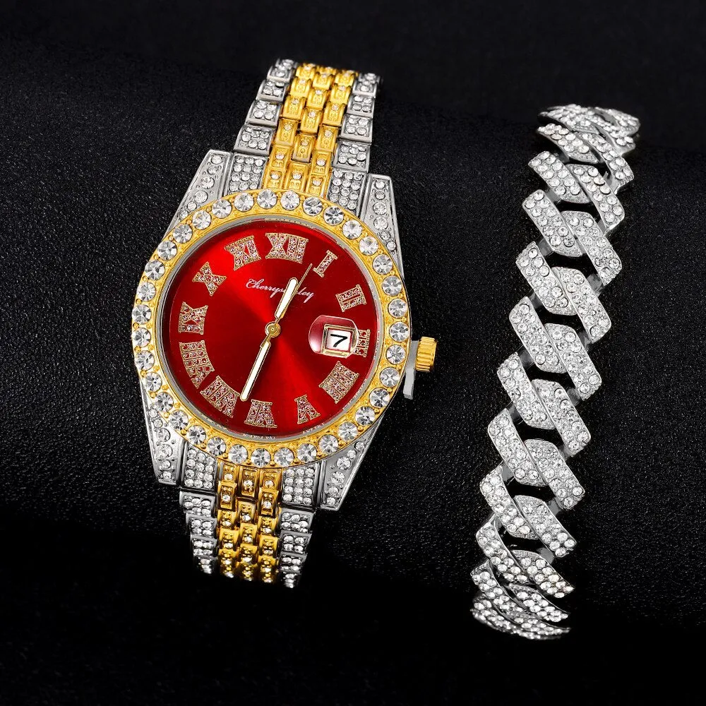 Luxury Rhinestone Cuban Chain Bracelet Watches
