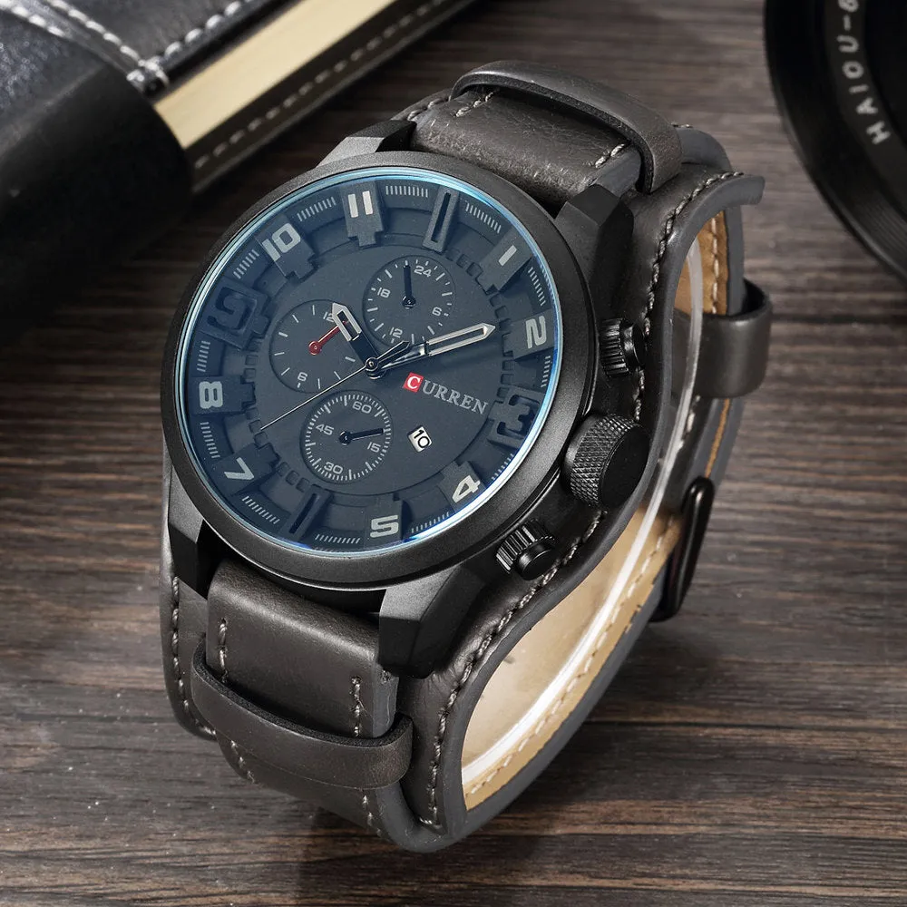 Male Clocks Date Sport Military Clock Leather Strap Quartz Men Watch