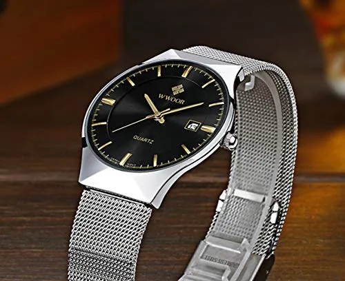 MASTOP Men Watch Ultra Thin Watches Stainless Steel Mesh Band Quartz Wristwatch Fashion Date Waterproof Watches (Black Silver)