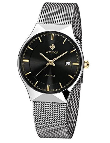 MASTOP Men Watch Ultra Thin Watches Stainless Steel Mesh Band Quartz Wristwatch Fashion Date Waterproof Watches (Black Silver)