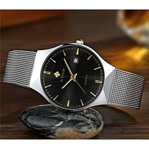 MASTOP Men Watch Ultra Thin Watches Stainless Steel Mesh Band Quartz Wristwatch Fashion Date Waterproof Watches (Black Silver)