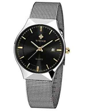 MASTOP Men Watch Ultra Thin Watches Stainless Steel Mesh Band Quartz Wristwatch Fashion Date Waterproof Watches (Black Silver)