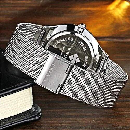 MASTOP Men Watch Ultra Thin Watches Stainless Steel Mesh Band Quartz Wristwatch Fashion Date Waterproof Watches (Black Silver)