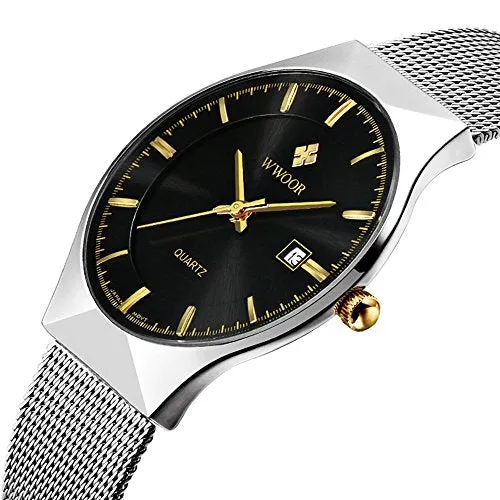 MASTOP Men Watch Ultra Thin Watches Stainless Steel Mesh Band Quartz Wristwatch Fashion Date Waterproof Watches (Black Silver)