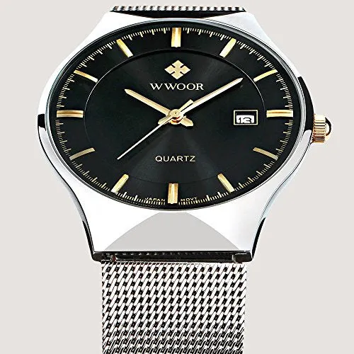 MASTOP Men Watch Ultra Thin Watches Stainless Steel Mesh Band Quartz Wristwatch Fashion Date Waterproof Watches (Black Silver)