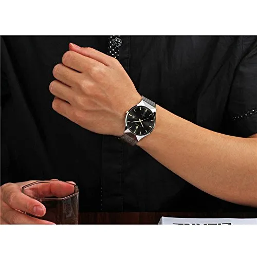 MASTOP Men Watch Ultra Thin Watches Stainless Steel Mesh Band Quartz Wristwatch Fashion Date Waterproof Watches (Black Silver)