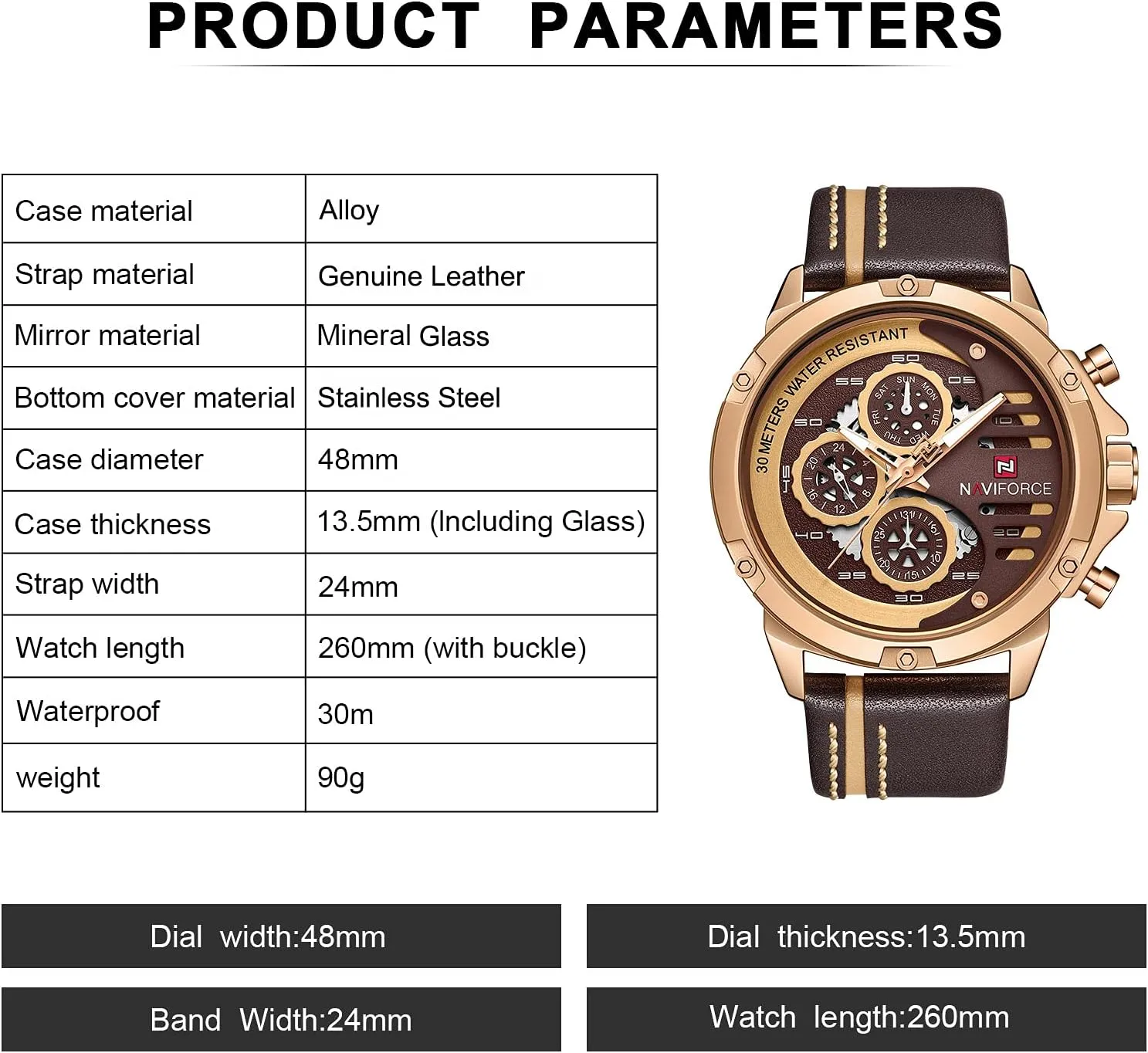 NAVIFORCE Sport Military Watches for Men Waterproof Watch Analog Quartz Leather Band Date Calendar Clock Wristwatch