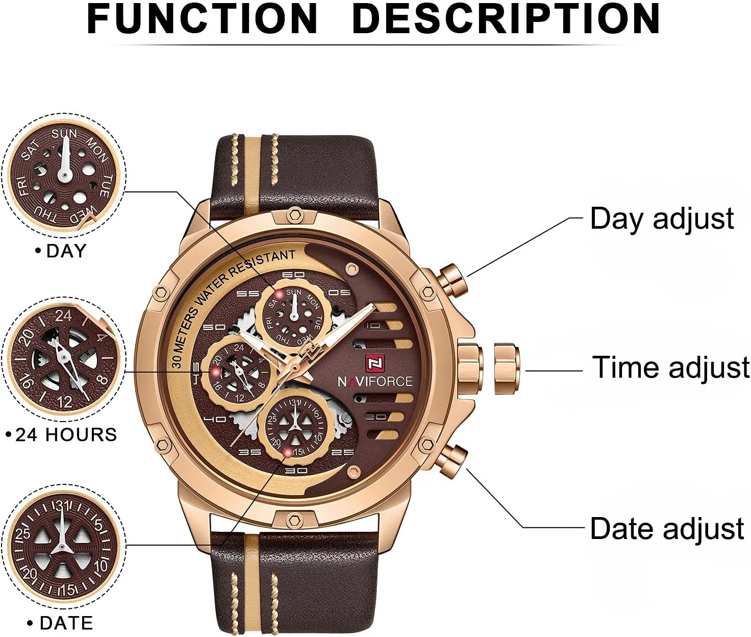 NAVIFORCE Sport Military Watches for Men Waterproof Watch Analog Quartz Leather Band Date Calendar Clock Wristwatch