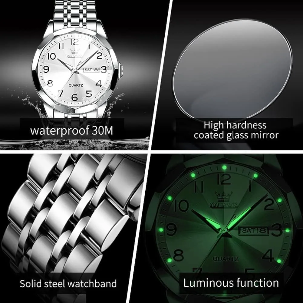 OLEVS Watch for Men Women Large Face Unisex Diamond Luxury Dress Analog Quartz Stainless Steel Waterproof Luminous Date Business Casual Wrist Watch