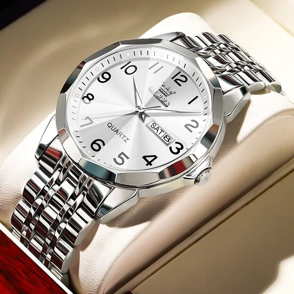 OLEVS Watch for Men Women Large Face Unisex Diamond Luxury Dress Analog Quartz Stainless Steel Waterproof Luminous Date Business Casual Wrist Watch