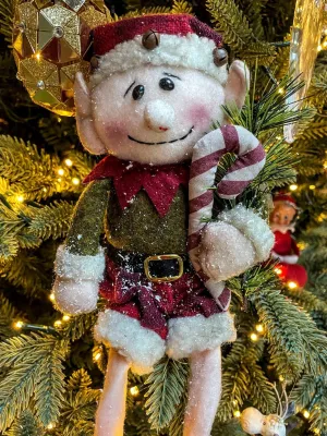 Primitive Christmas Elf with Candy Cane Doll 13.5" L