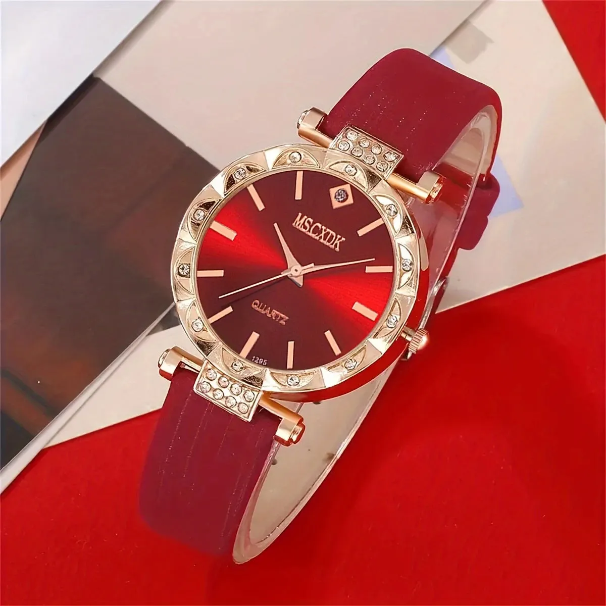 Red Strap Quartz Wristwatch And Heart-shaped Necklace, Earrings, And Ring