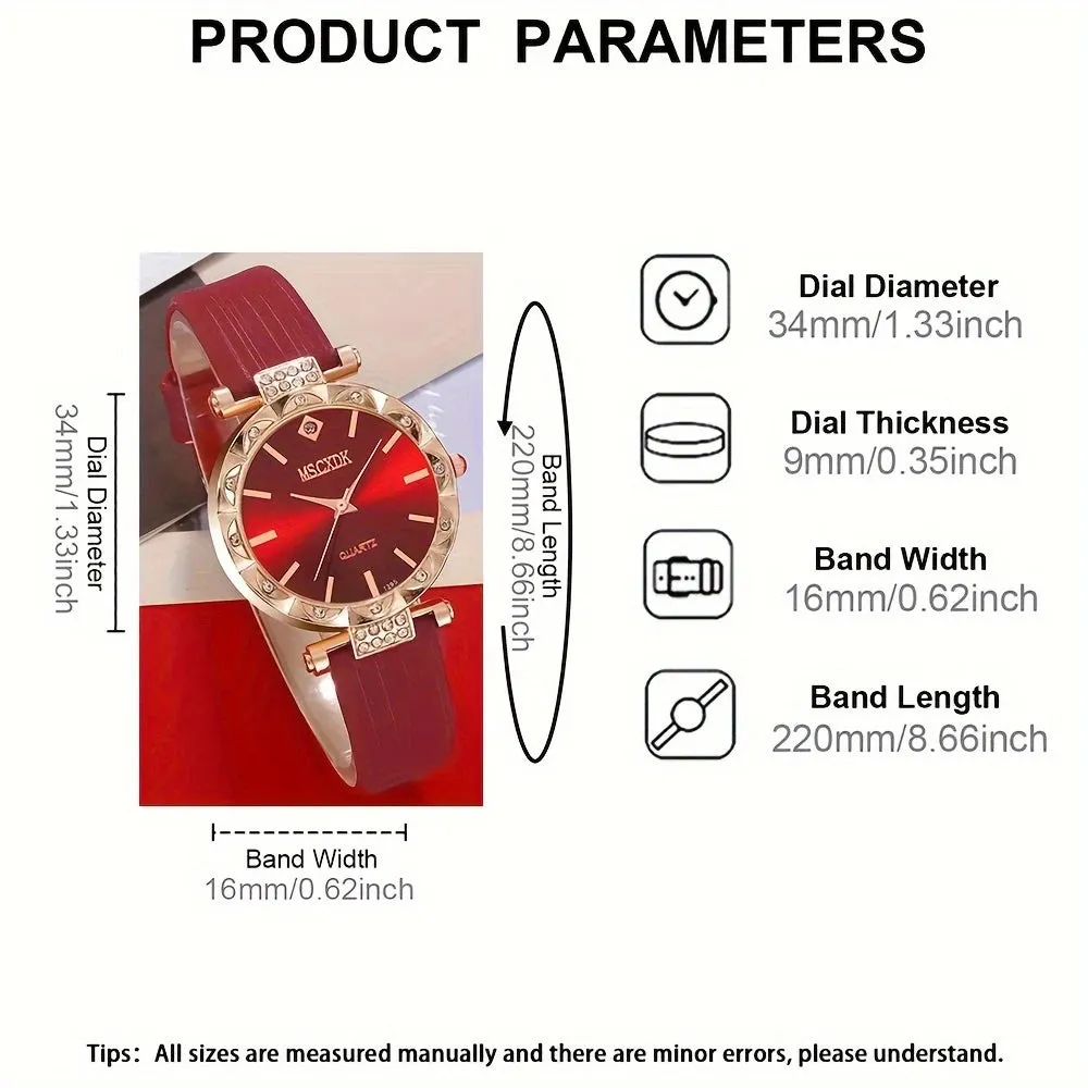 Red Strap Quartz Wristwatch And Heart-shaped Necklace, Earrings, And Ring