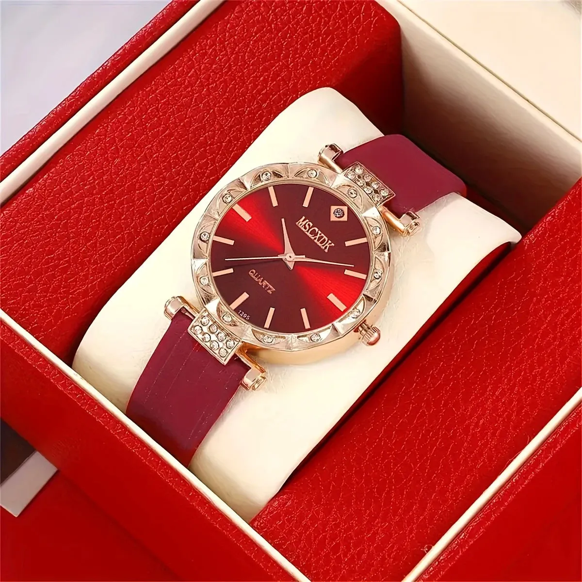 Red Strap Quartz Wristwatch And Heart-shaped Necklace, Earrings, And Ring