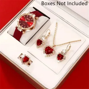 Red Strap Quartz Wristwatch And Heart-shaped Necklace, Earrings, And Ring