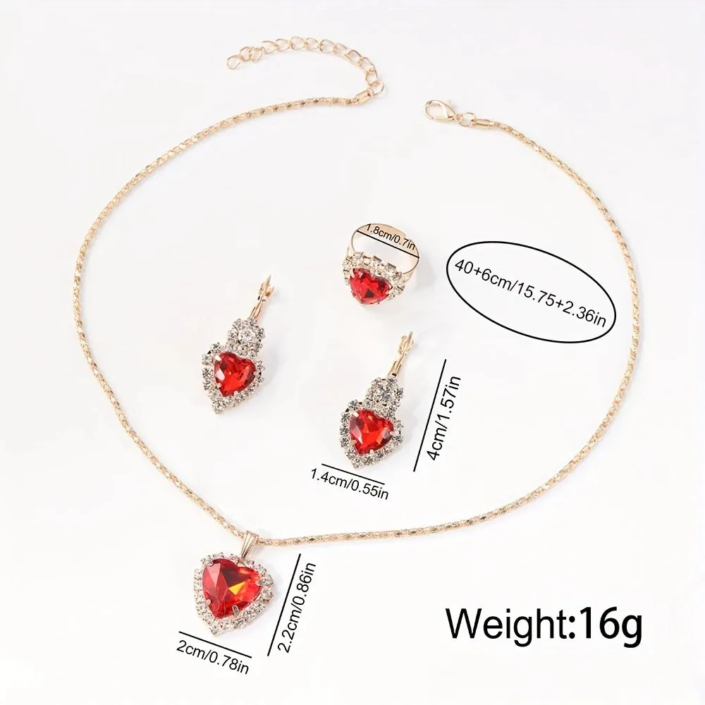 Red Strap Quartz Wristwatch And Heart-shaped Necklace, Earrings, And Ring