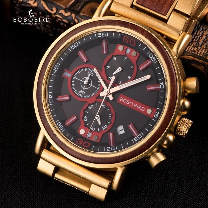 Relogio Masculino BOBO BIRD Wooden Watch Men Top Brand Luxury Stylish Chronograph Military Watches in Wooden Box reloj hombre