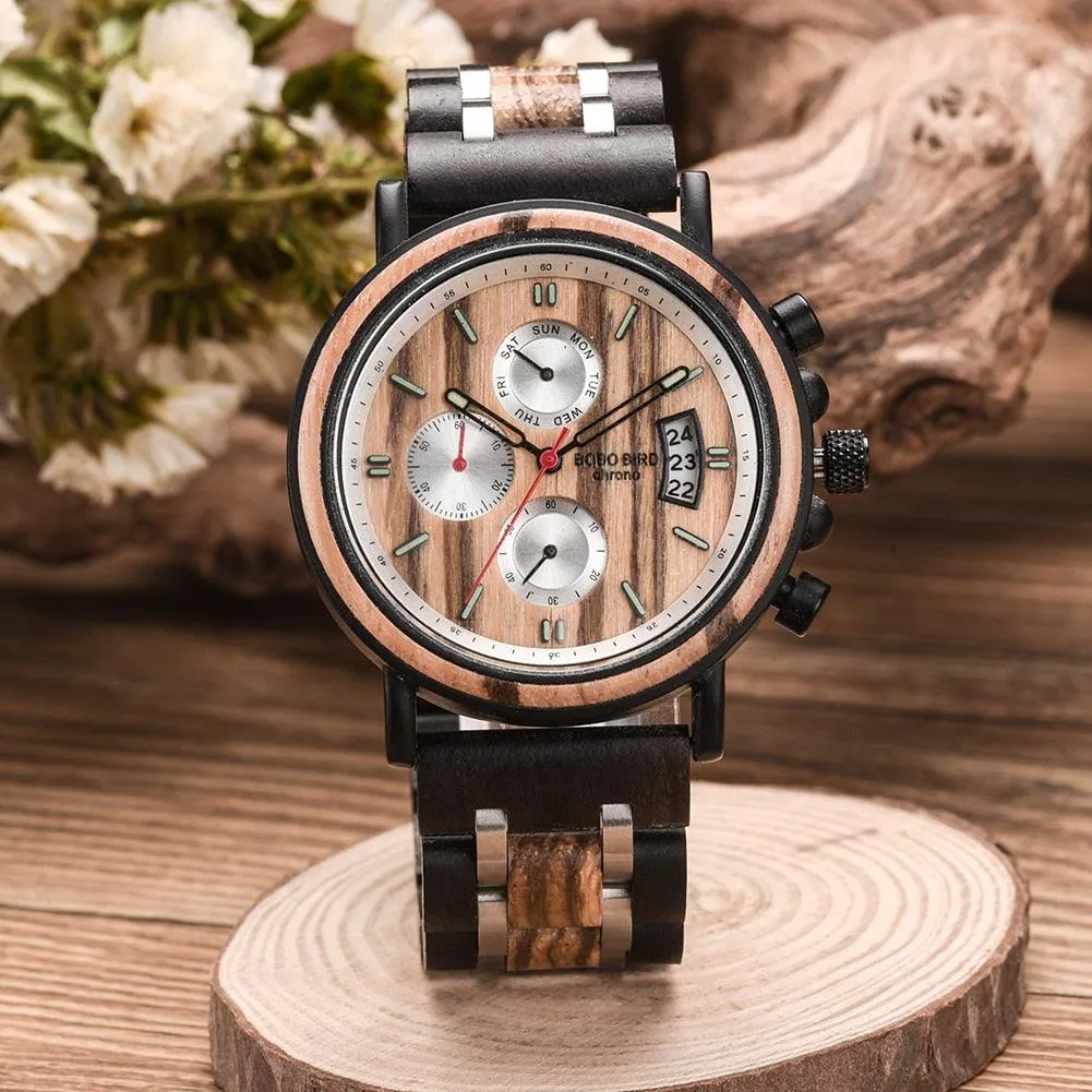 Relogio Masculino BOBO BIRD Wooden Watch Men Top Brand Luxury Stylish Chronograph Military Watches in Wooden Box reloj hombre