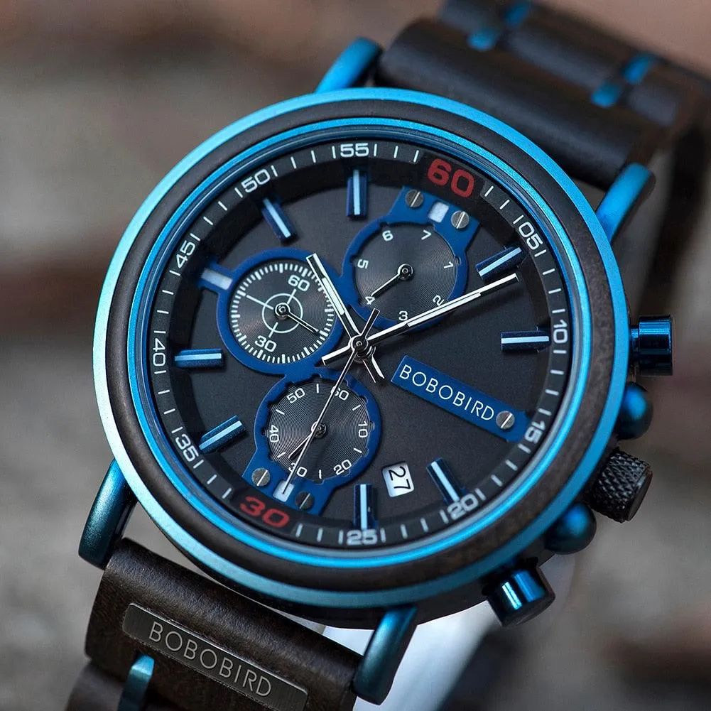Relogio Masculino BOBO BIRD Wooden Watch Men Top Brand Luxury Stylish Chronograph Military Watches in Wooden Box reloj hombre
