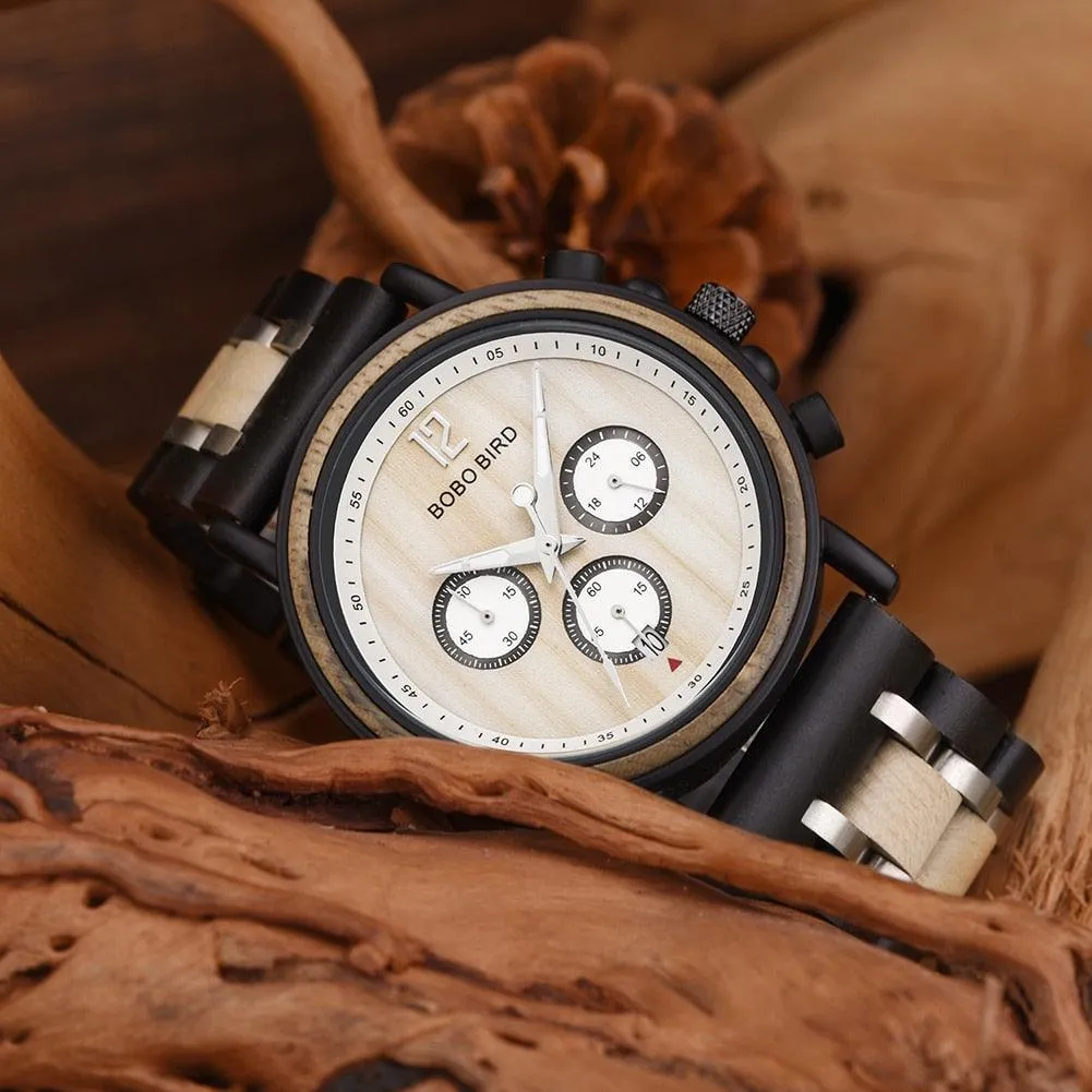 Relogio Masculino BOBO BIRD Wooden Watch Men Top Brand Luxury Stylish Chronograph Military Watches in Wooden Box reloj hombre