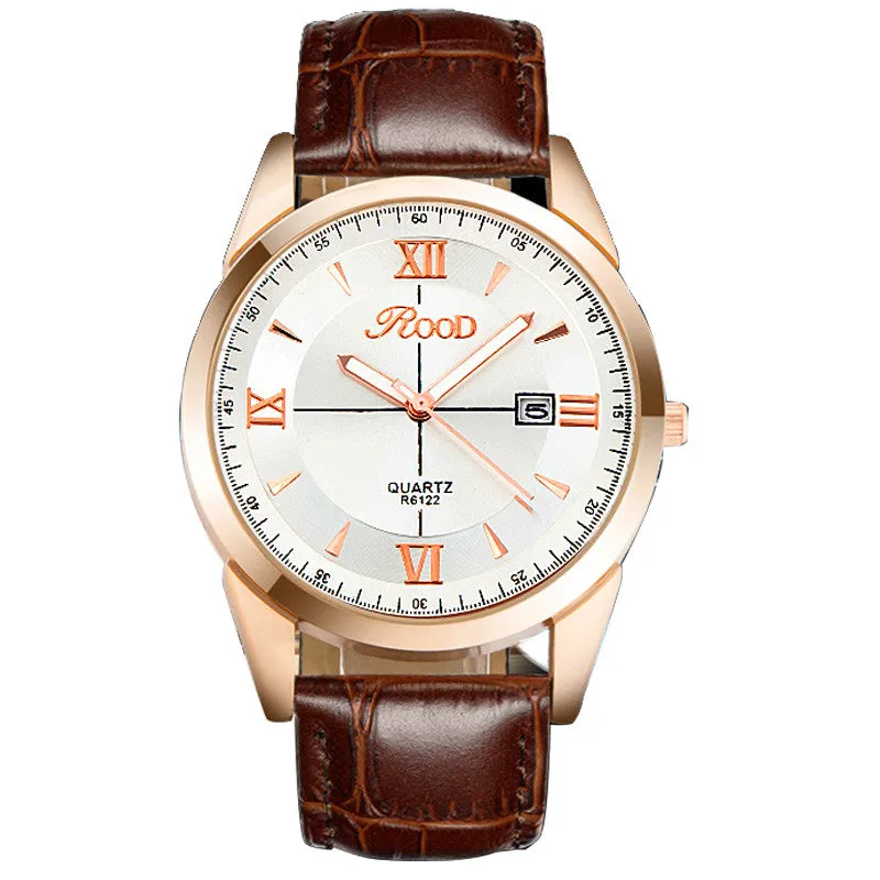 ROOD Brand Watch Free Gift Box 5 Color Rose Gold Simple Plate Leather Strap Quartz-watch Waterproof wrist watches for men