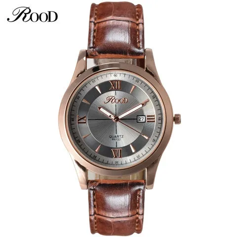 ROOD Brand Watch Free Gift Box 5 Color Rose Gold Simple Plate Leather Strap Quartz-watch Waterproof wrist watches for men