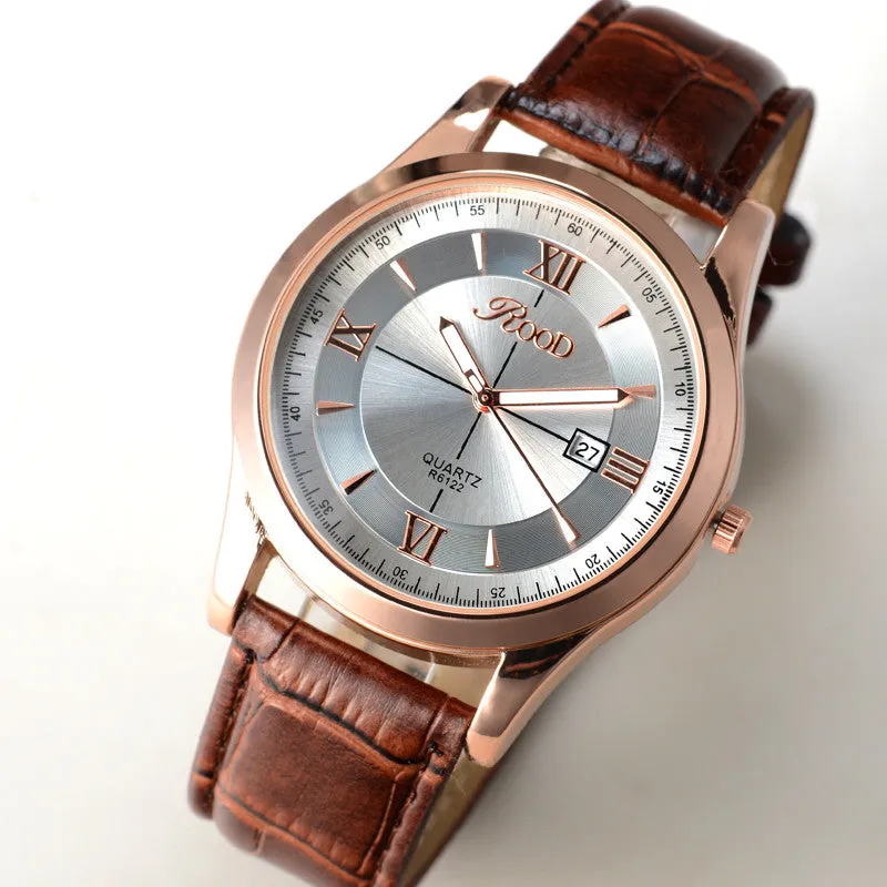 ROOD Brand Watch Free Gift Box 5 Color Rose Gold Simple Plate Leather Strap Quartz-watch Waterproof wrist watches for men