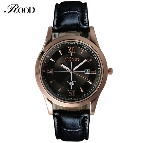 ROOD Brand Watch Free Gift Box 5 Color Rose Gold Simple Plate Leather Strap Quartz-watch Waterproof wrist watches for men