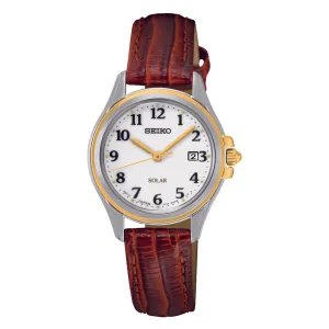 Seiko Womens Solar Core Stainless Steel Case Brown Leather Strap White Dial Silver Watch - SUT252