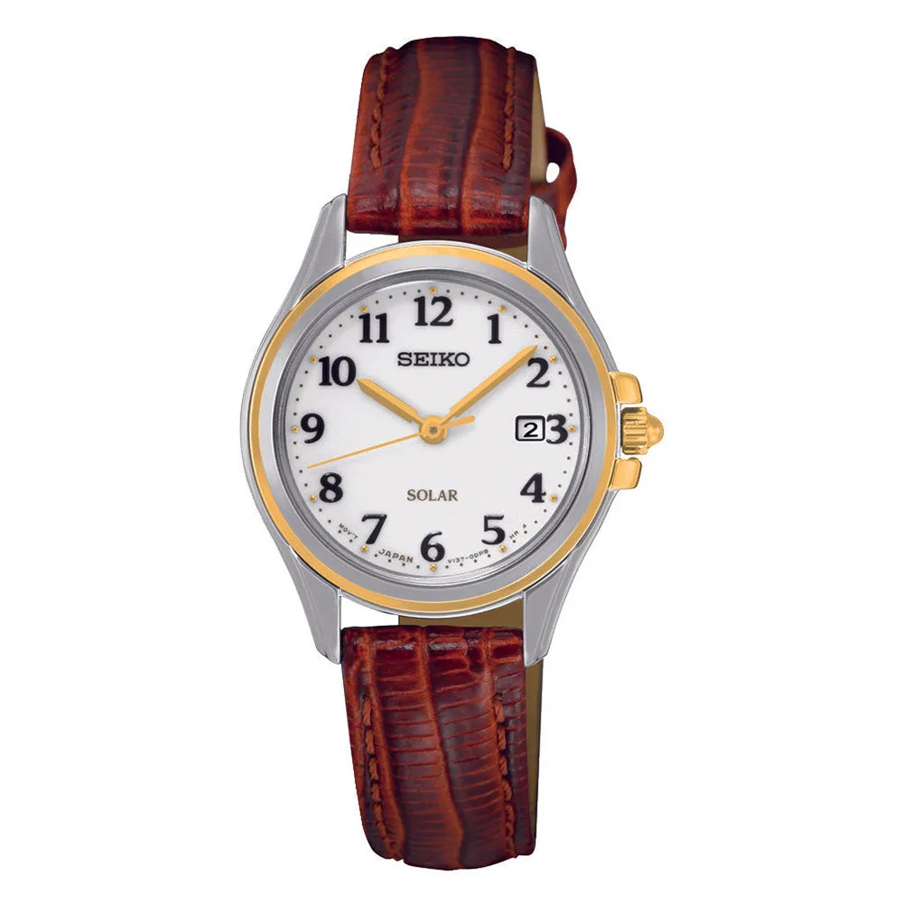 Seiko Womens Solar Core Stainless Steel Case Brown Leather Strap White Dial Silver Watch - SUT252